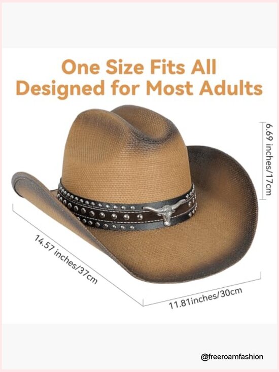 Straw Wide Brim Cowboy Hat, Shapeable Brim Western Hat Unisex display picture 1